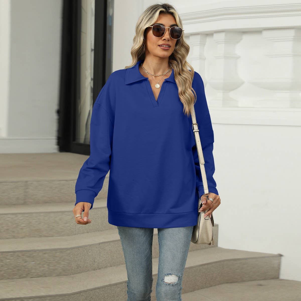 Solid color lapel baggy long-sleeved hoodie