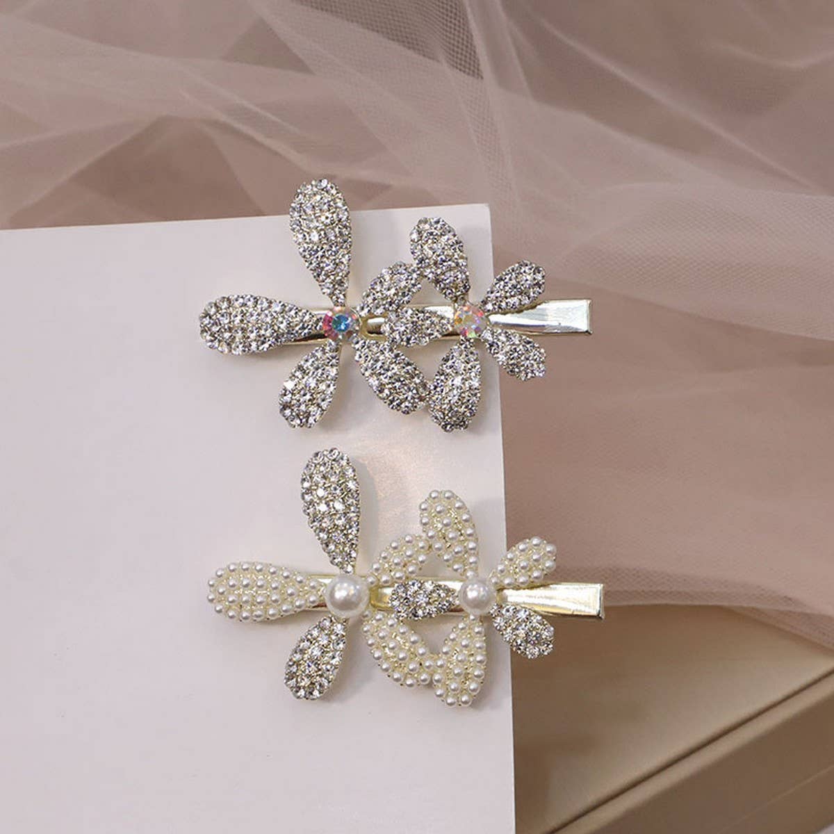 PEARL RHINESTONE FLOWER HAIRPIN DUCKBILL CLIP_CWAHA4741