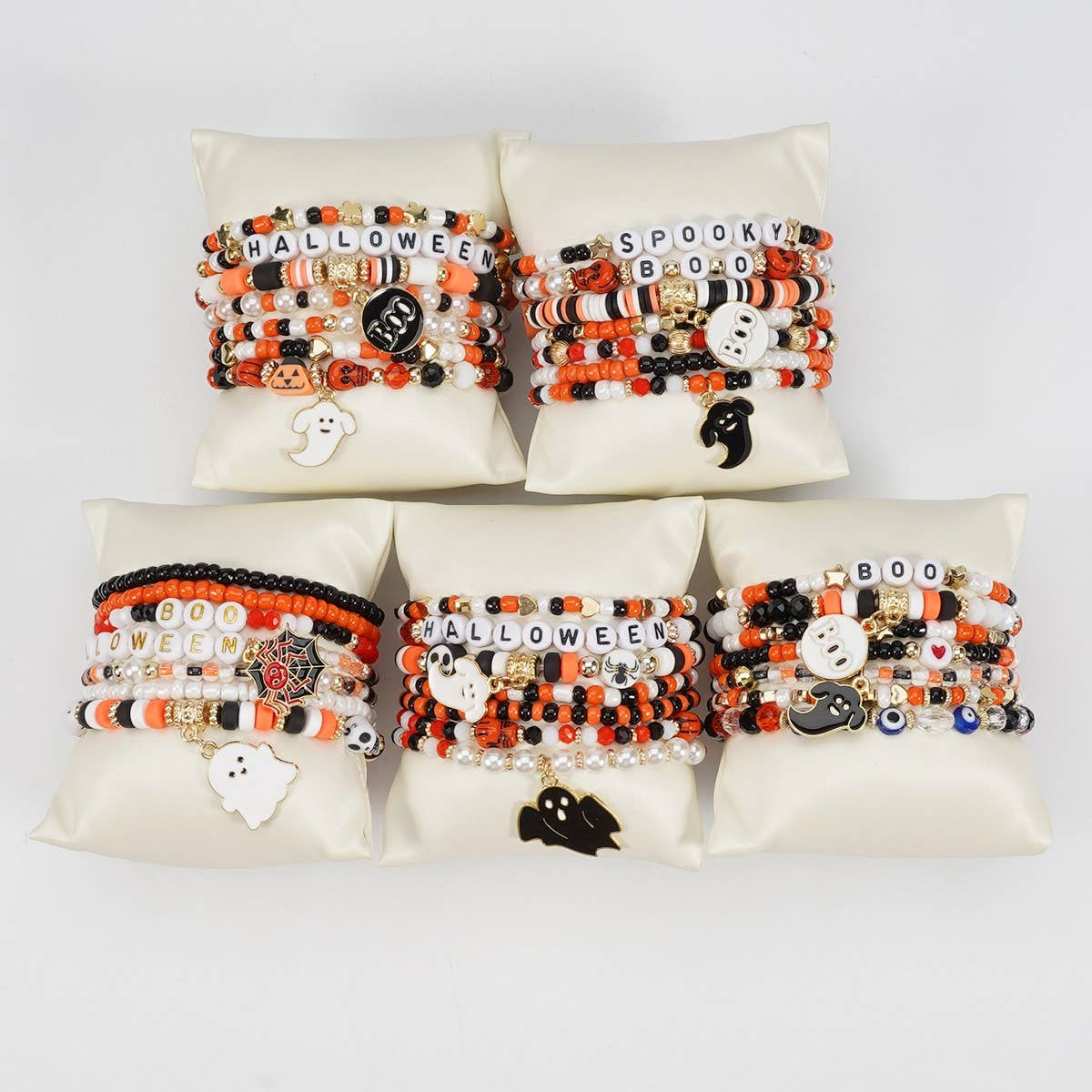 CWAJE05704_HALLOWEEN SKULL PUMPKIN GHOST BEADED BRACELET