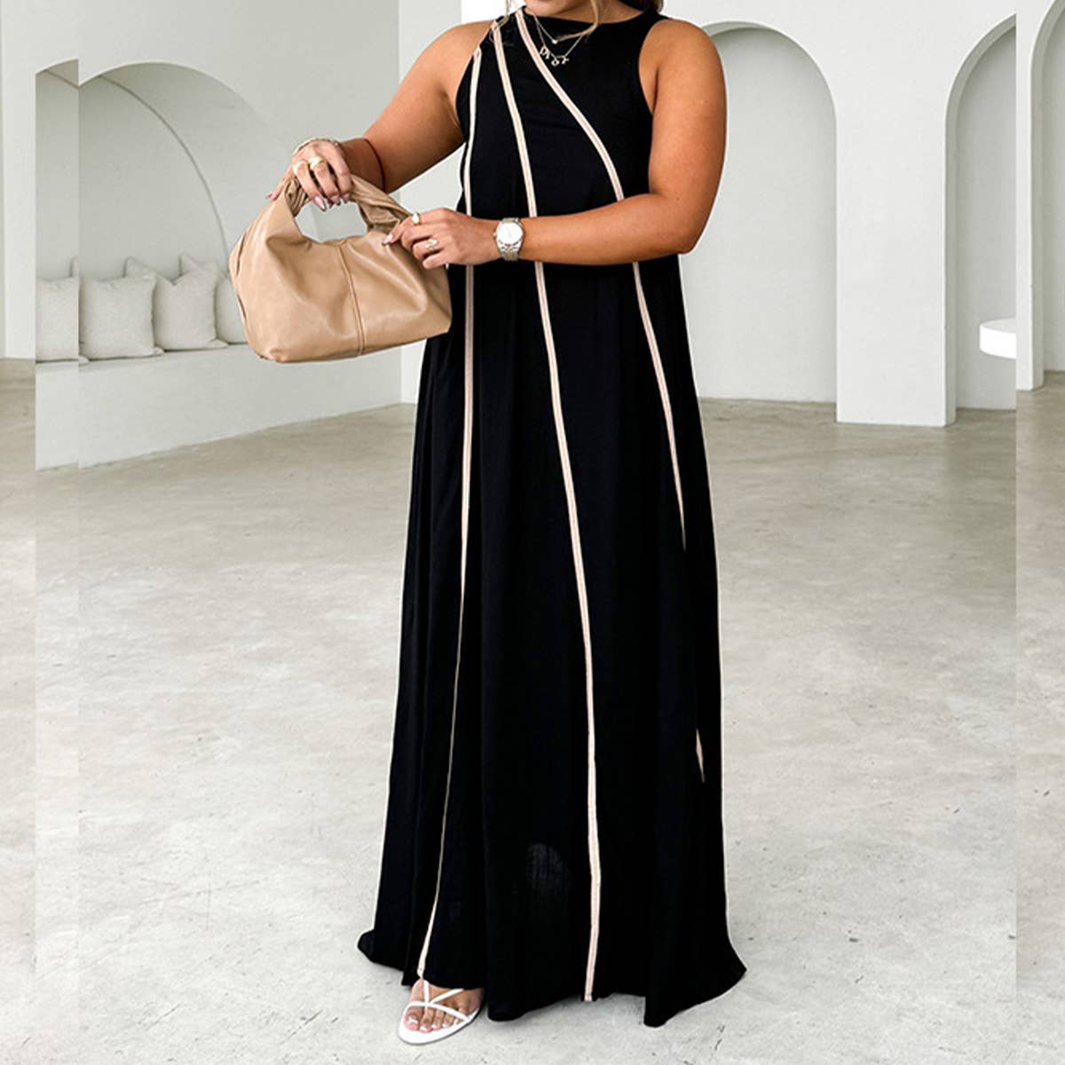 Fashion striped panel loose sleeveless dress