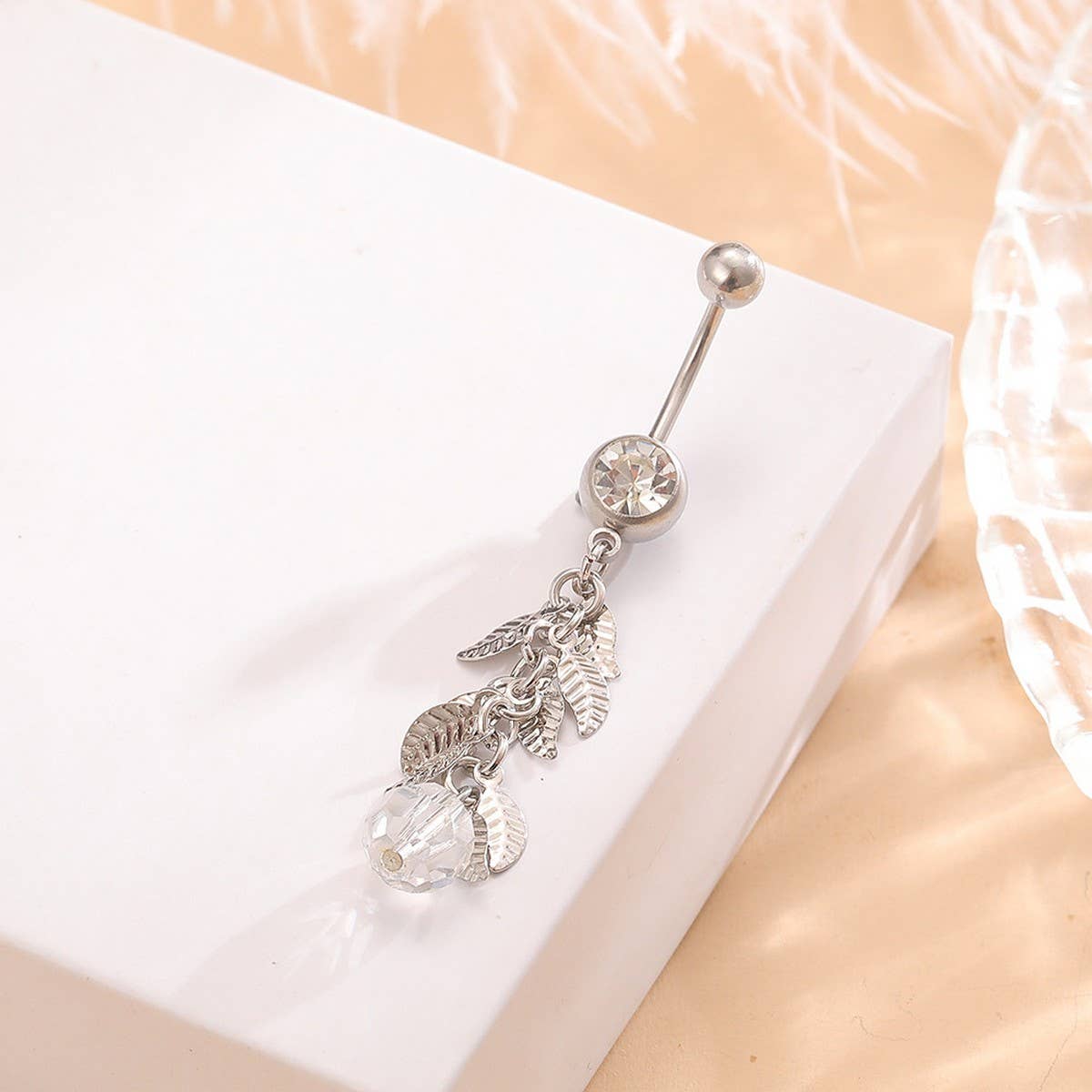 Leaf Tassel CZ Belly Ring for Navel Piercing_CWMM9249