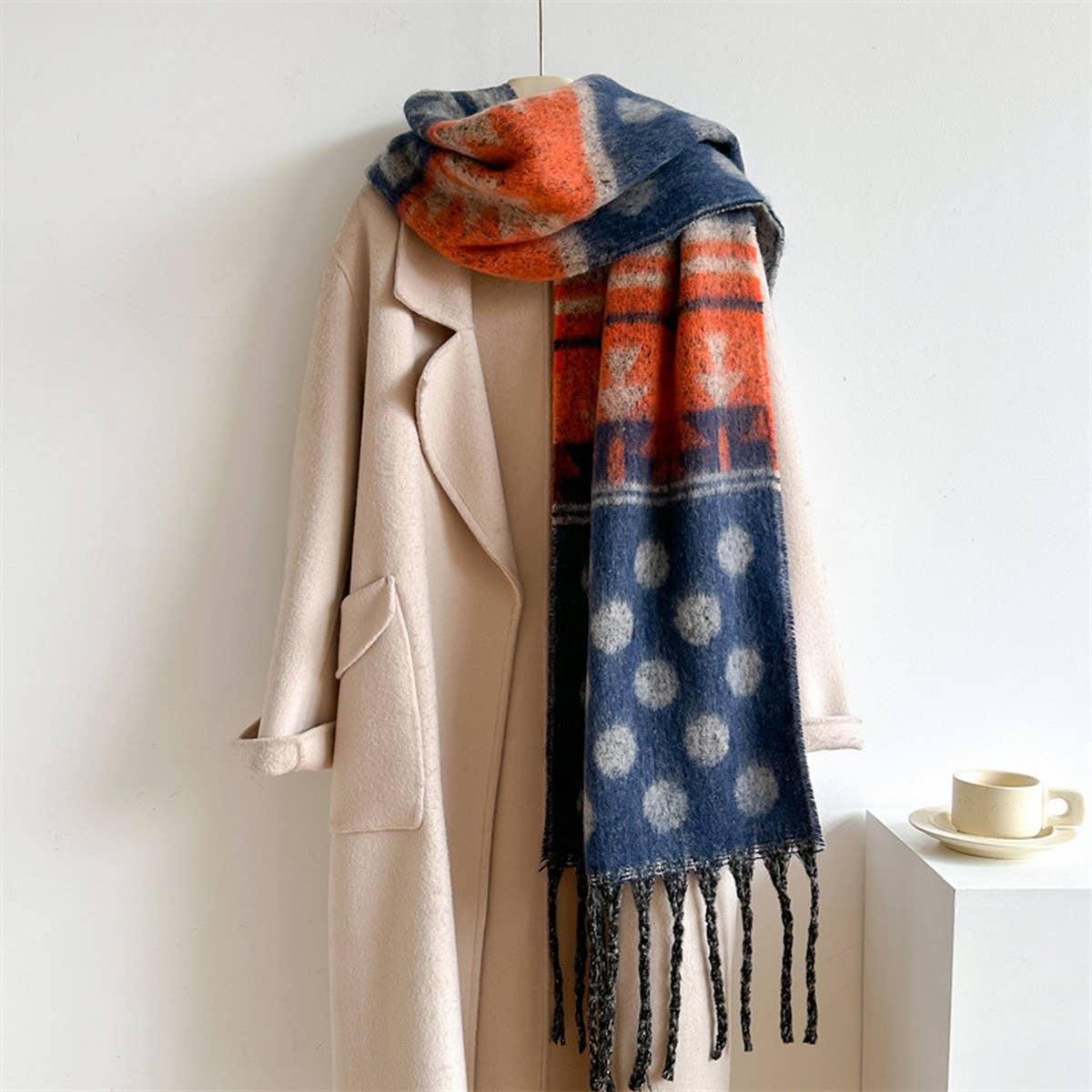 Woolen Scarf, Long & Thick, Polka Dot Fringe Shawl_CWASC0987