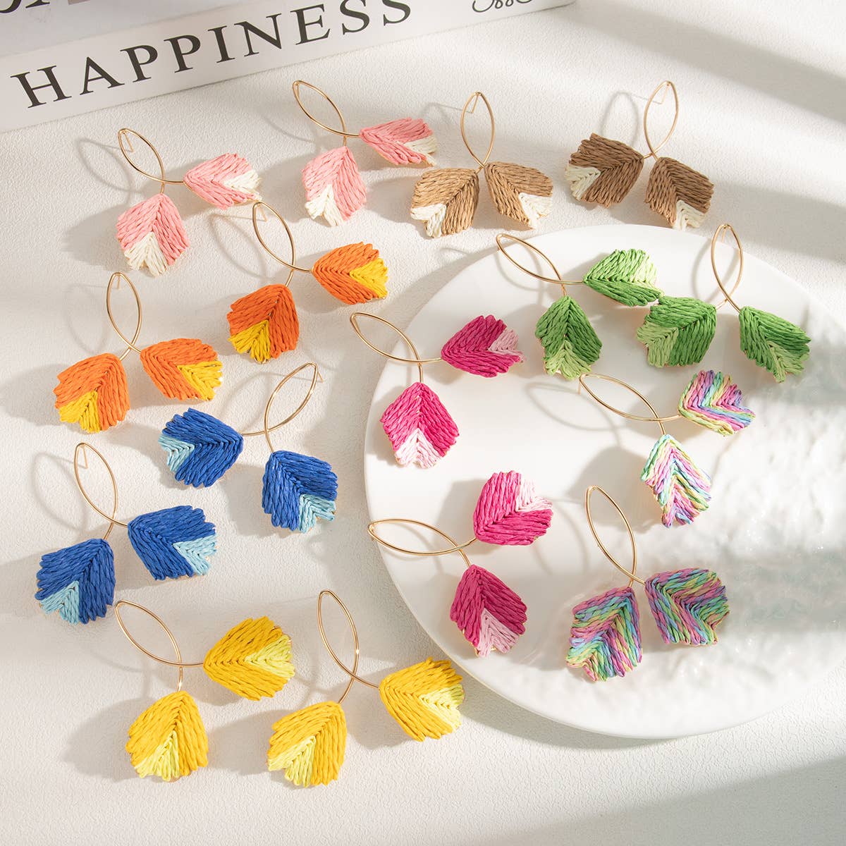 Colorful woven trendy texture line leaf earrings