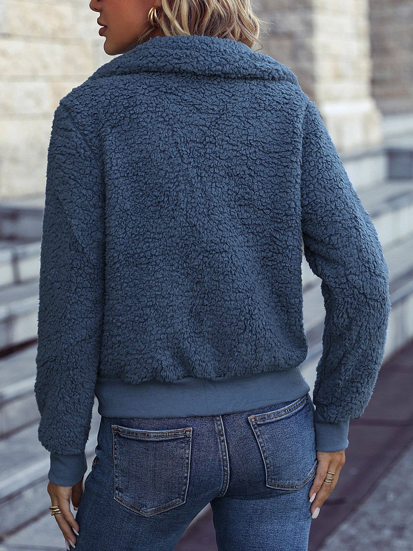 LAPEL POCKET LONG SLEEVE ZIPPERED FLEECE JACKET