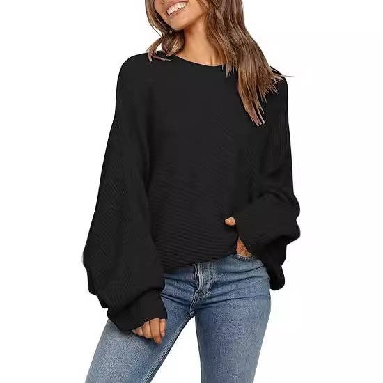 ROUND NECK SOLID COLOR BAT LONG-SLEEVED SWEATER