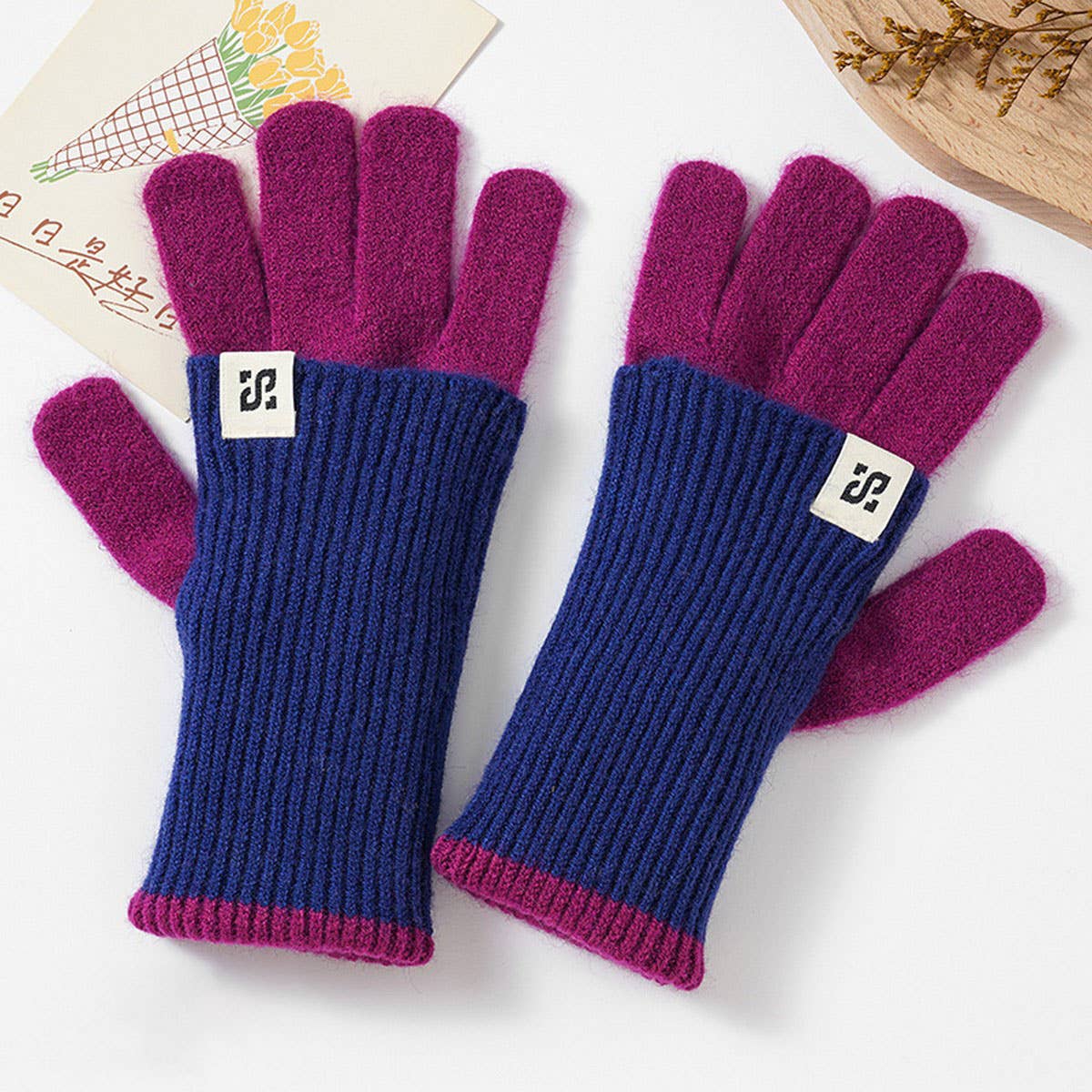 CWAG00585_WOMEN WINTER COLOR BLOCK KNIT WARM GLOVES