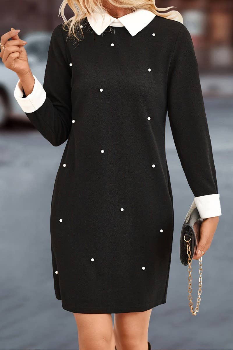CWDSD7617_BEADED CASUAL LAPEL KNITTED LONG SLEEVE DRESS
