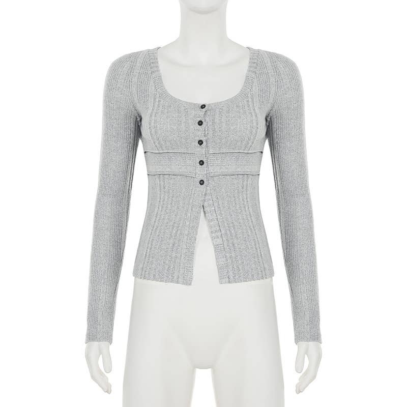 SOLID COLOR BASIC KNIT BUTTON SLIT SLIM T-SHIRT