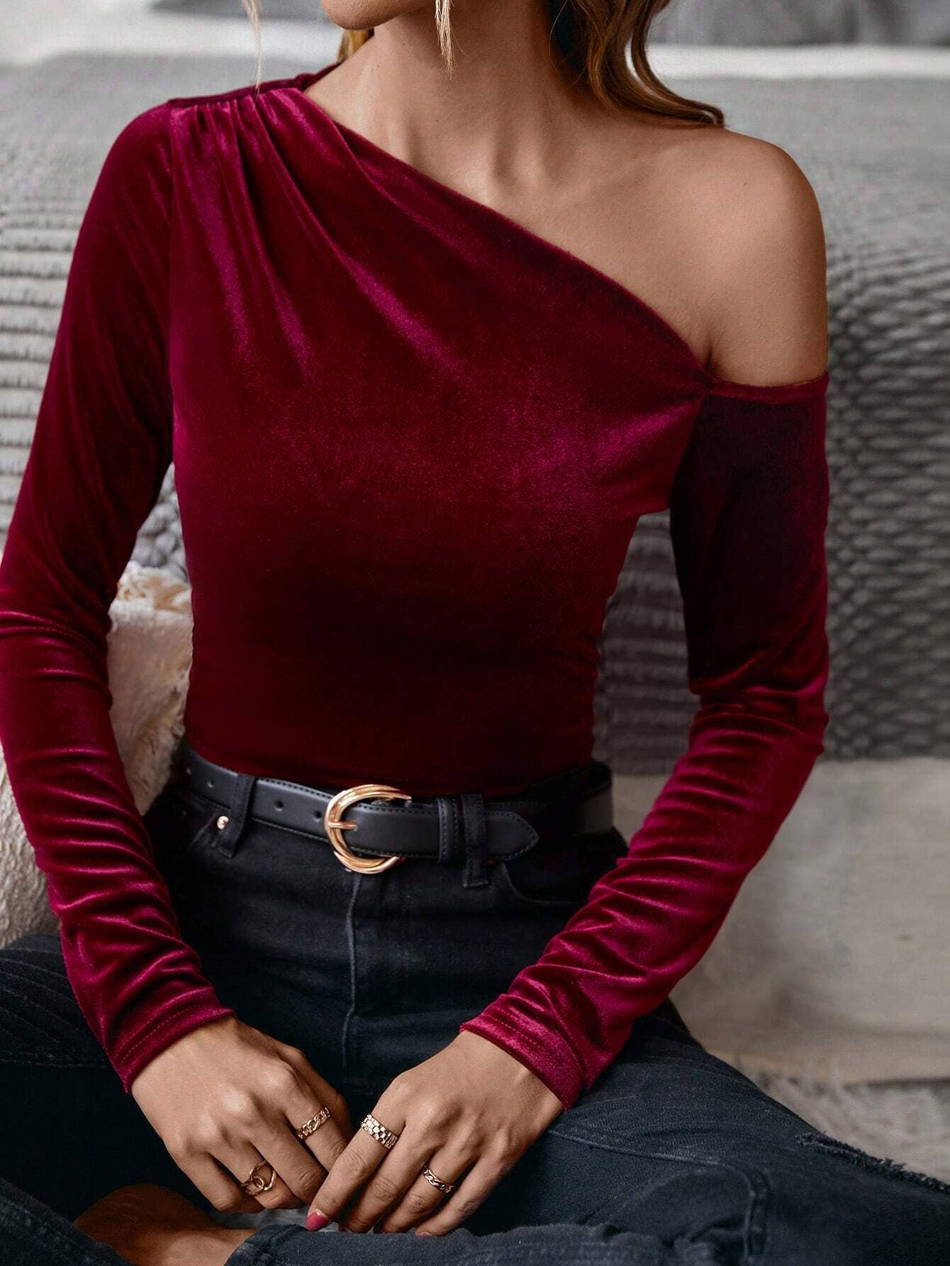 Off-The-Shoulder Velvet Top With Sloping Neck