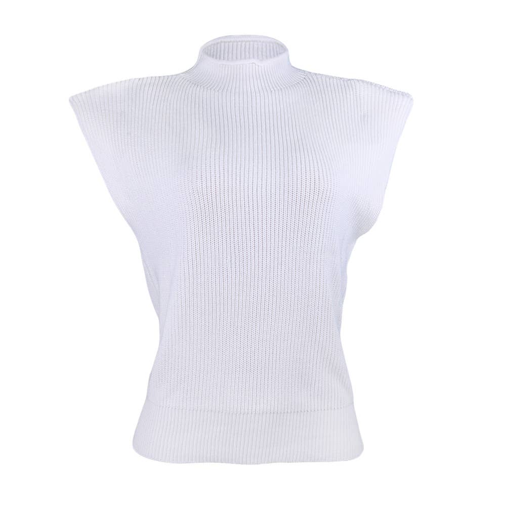 SOLID SLEEVELESS TURTLENECK SHOULDER PAD SWEATER