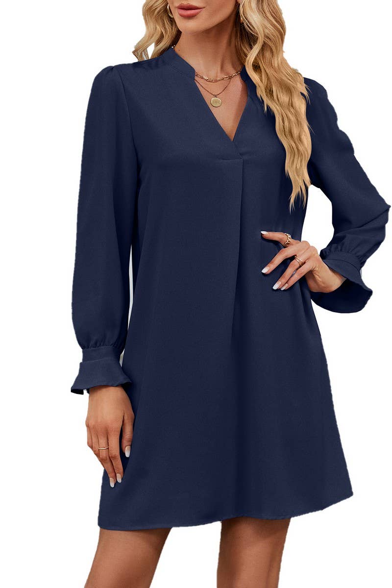 CWDSD6379_SOLID COLOR V-NECK RUFFLED LONG-SLEEVED DRESS