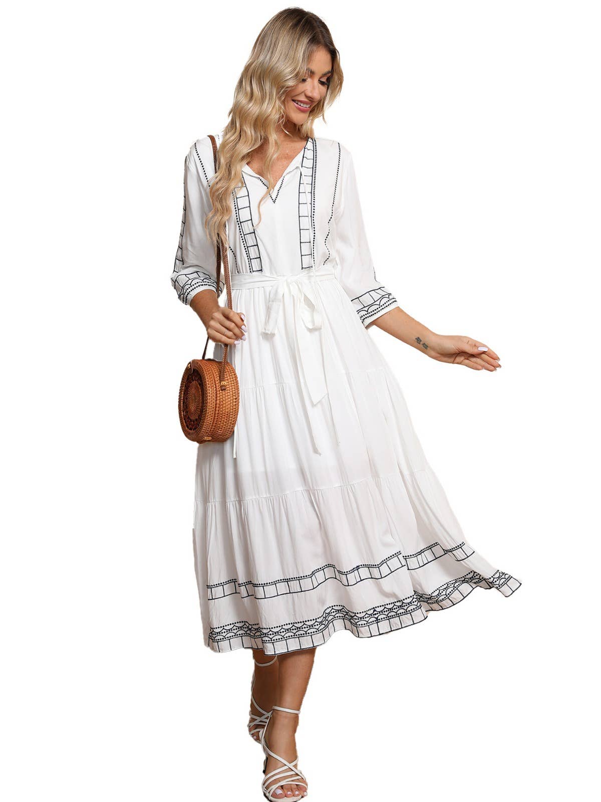 V-neck boho dress with belted waist