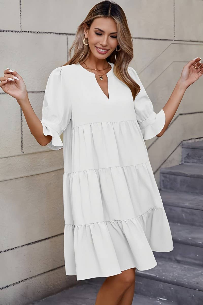 CWDSD10631_FASHIONABLE V-NECK SOLID COLOR LOOSE DRESS