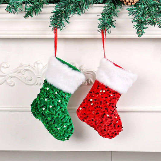 NEW PLUSH WHITE EDGE SEQUINED CHRISTMAS SOCKS