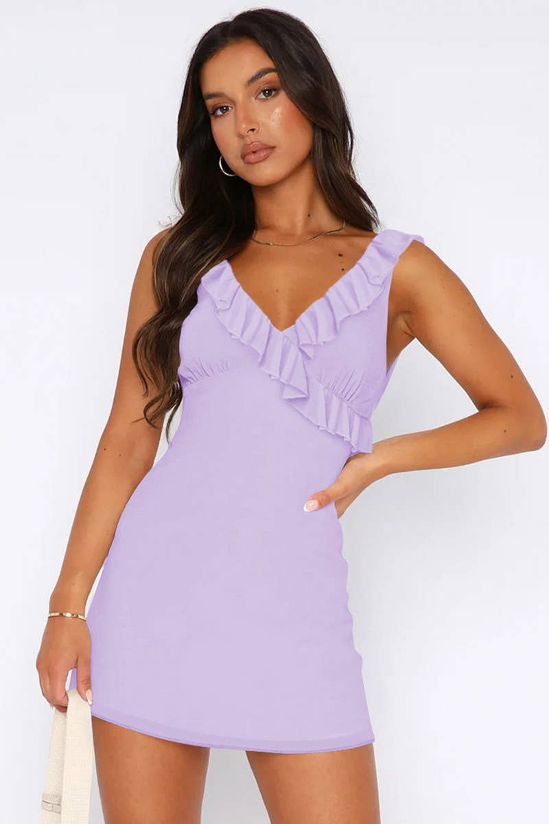 CWDSD7270_V-NECK PLEATED RUFFLE SLEEVELESS DRESS