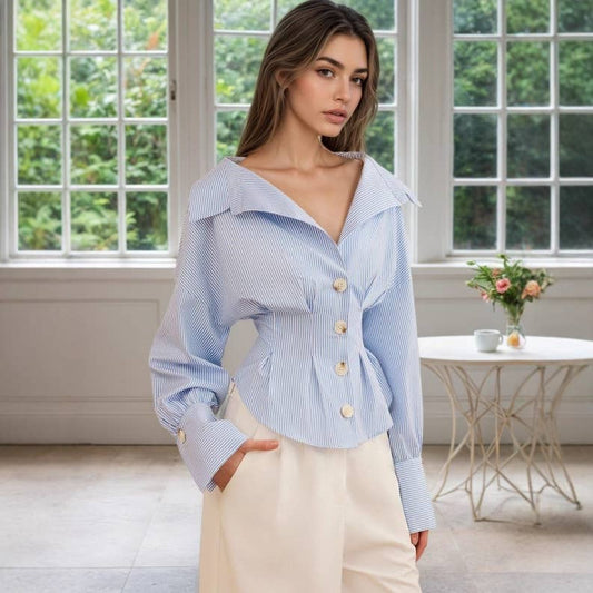 Lapel puffed sleeve pleated and cinched shirt