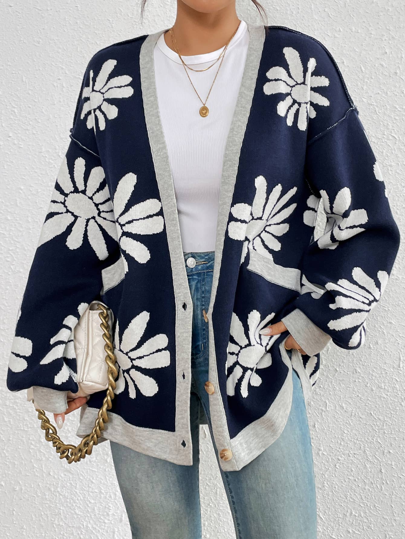 V-NECK PRINT COMMUTER LOOSE KNIT CARDIGAN COAT