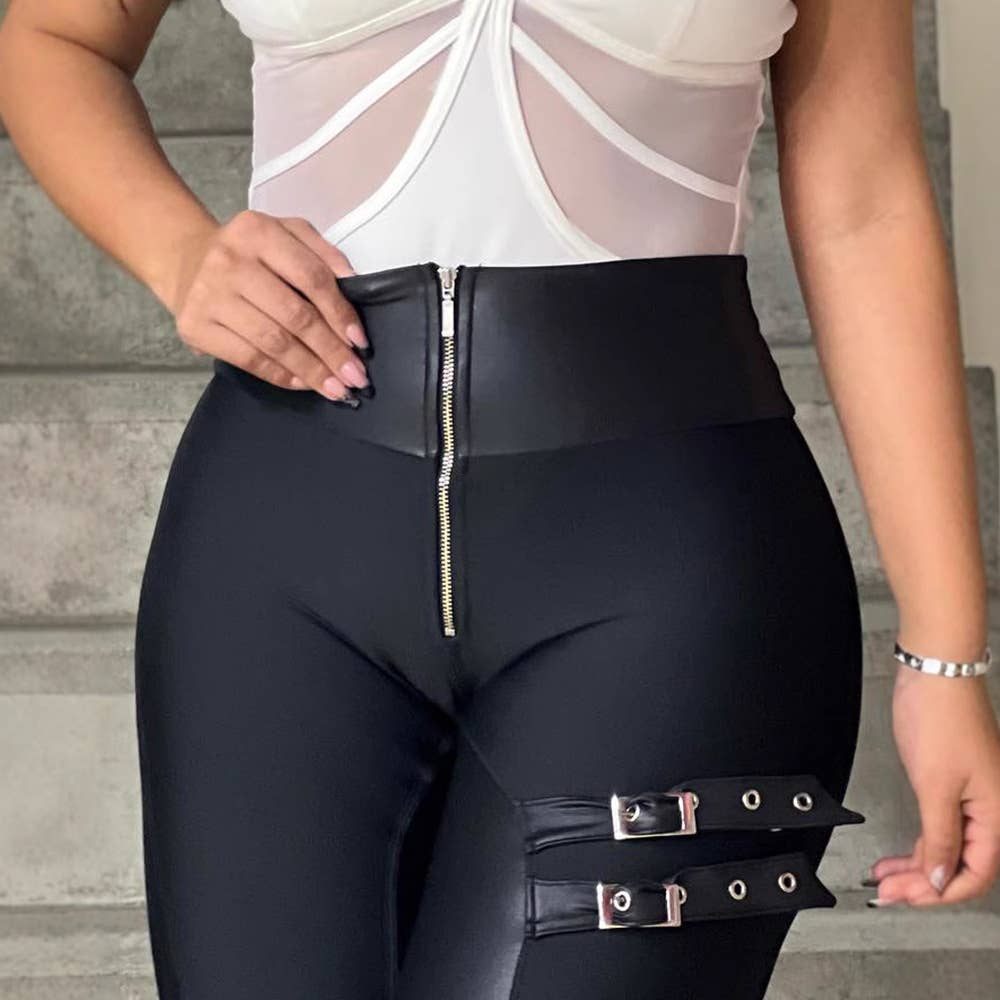 SIDE BUCKLE DESIGN PU PATCHWORK TIGHT LEG PANTS