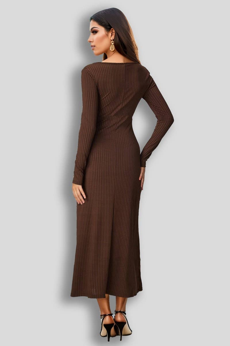 CWDMD5010_BUTTON FRONT SQUARE NECK LONG SLEEVE MAXI DRESS