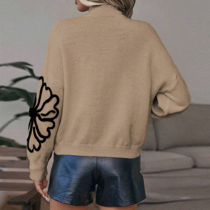 Three-dimensional flower high-neck sweater