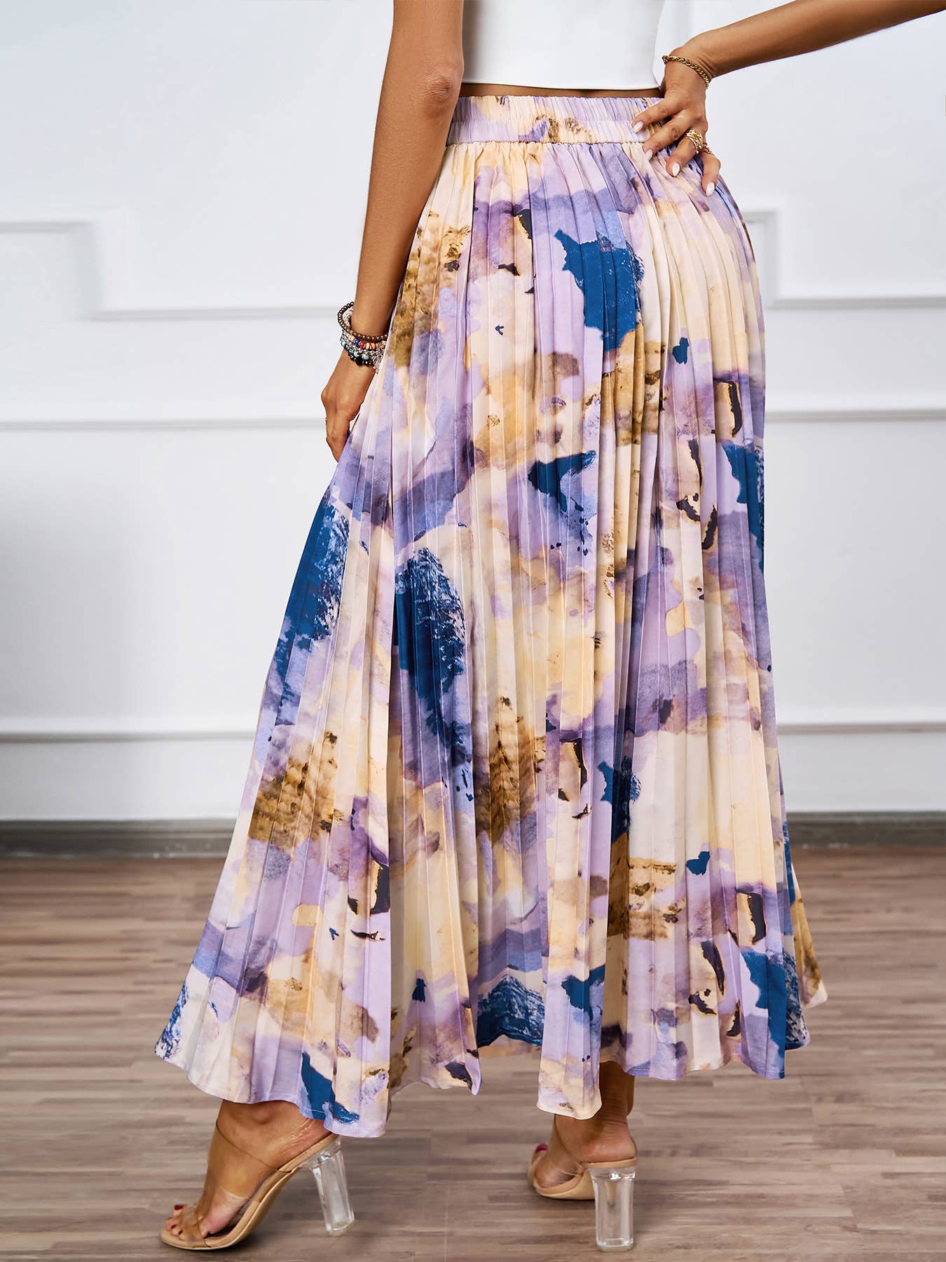 HIGH SENSE OIL PAINTING PRINTED PLEATED SKIRT