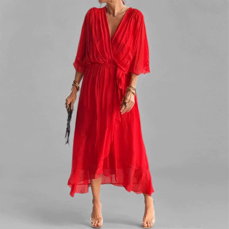 Solid color lace-up deep V-neck batsleeve dress