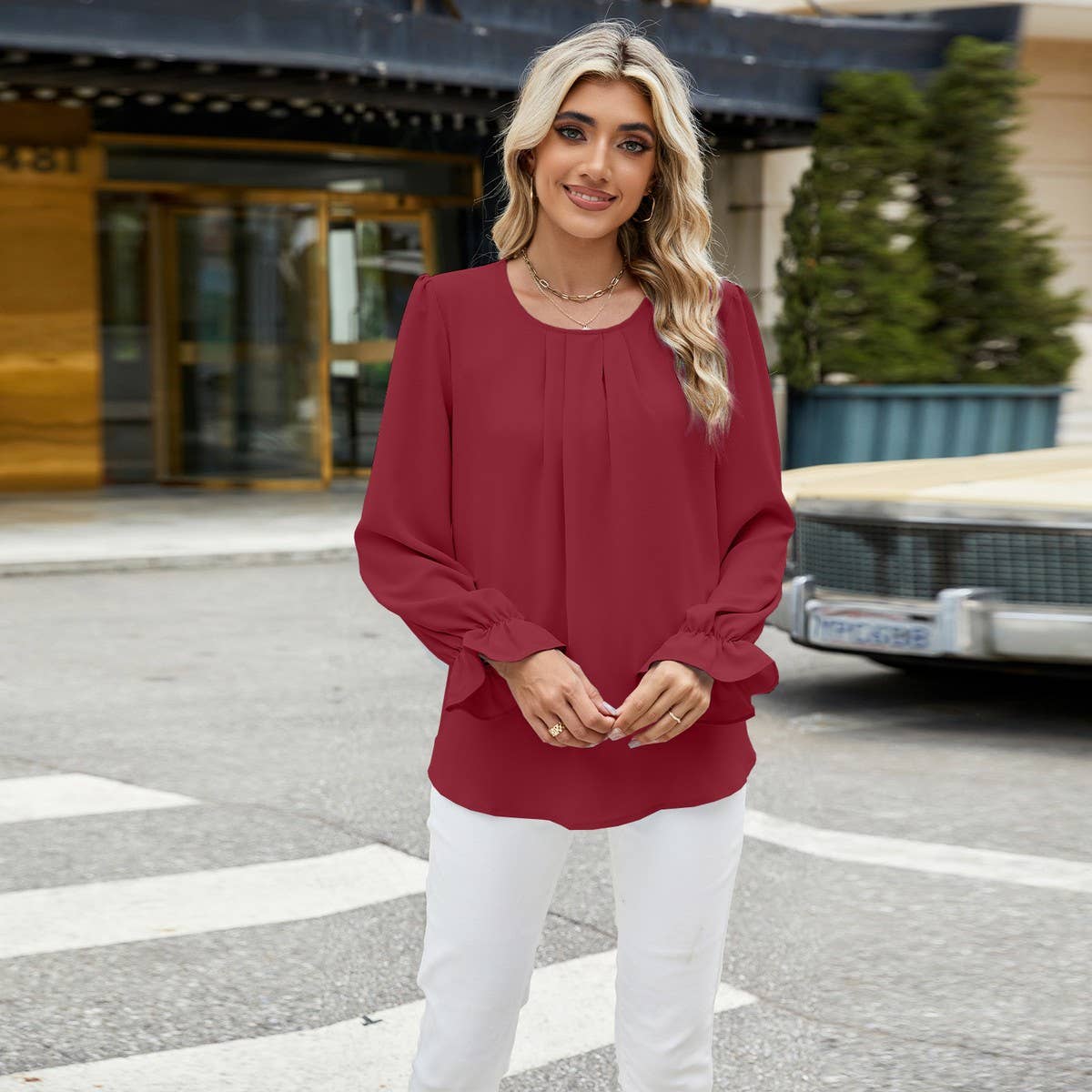 Solid color crew-neck long-sleeved loose chiffon