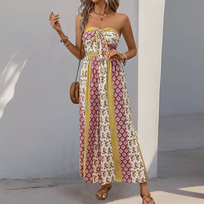 High waist boho tie waist wide leg pants