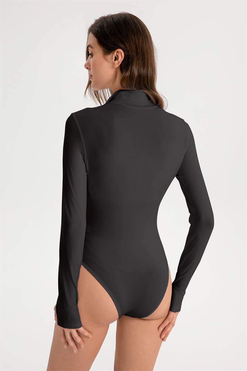 LONG SLEEVE ZIP-UP LAPEL SOLID COLOR BODYSUIT