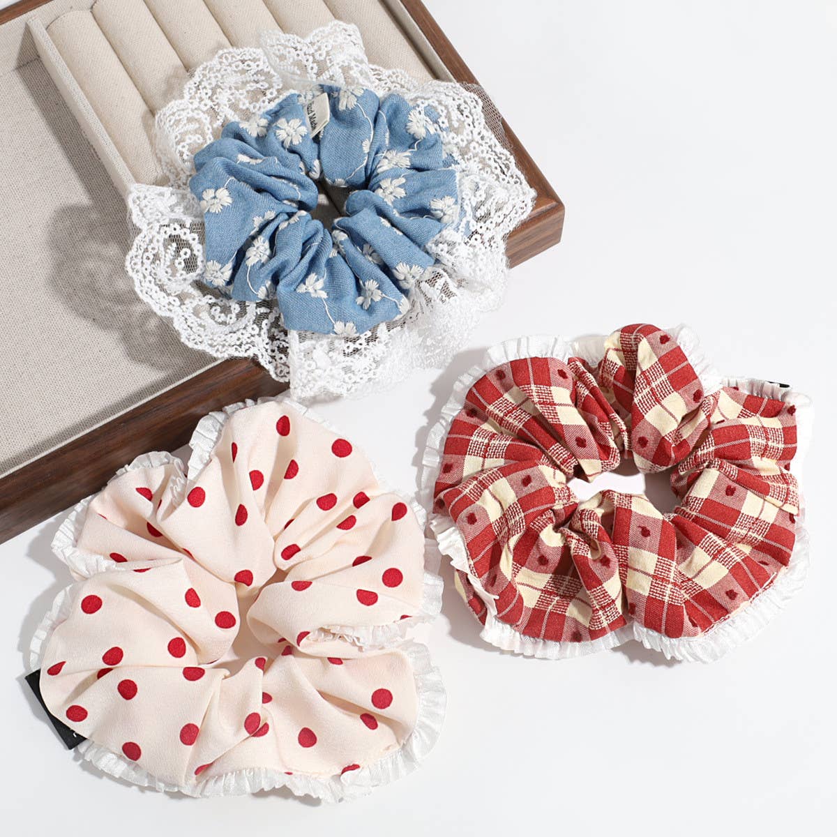 PLAID POLKA DOT FLOWER LACE HAIR TIE_CWAHA2260