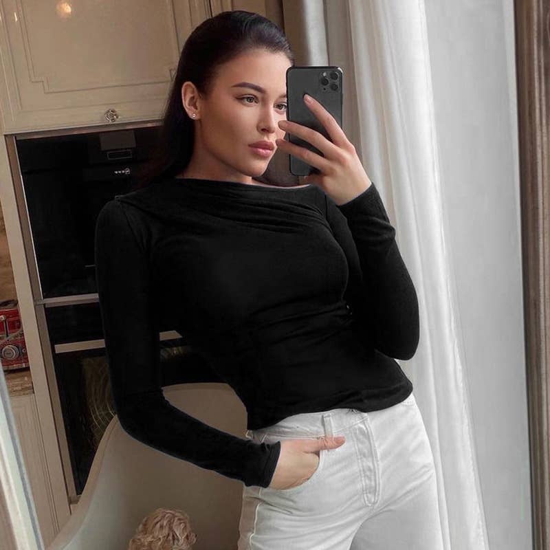 SOLID COLOR TRIMMED COLLAR RUFFLE SLIM-FIT TOP