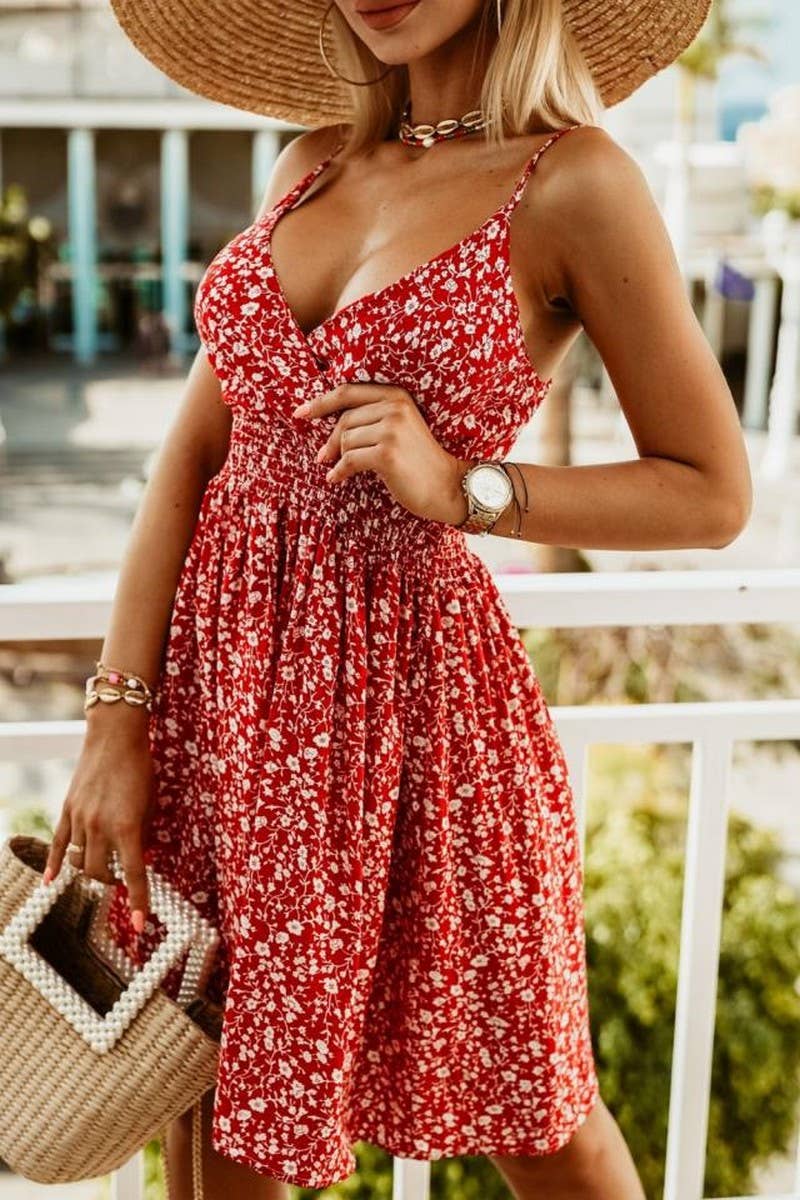 CWDSD6573_PRINTED V-NECK SEXY SUSPENDER WAIST DRESS