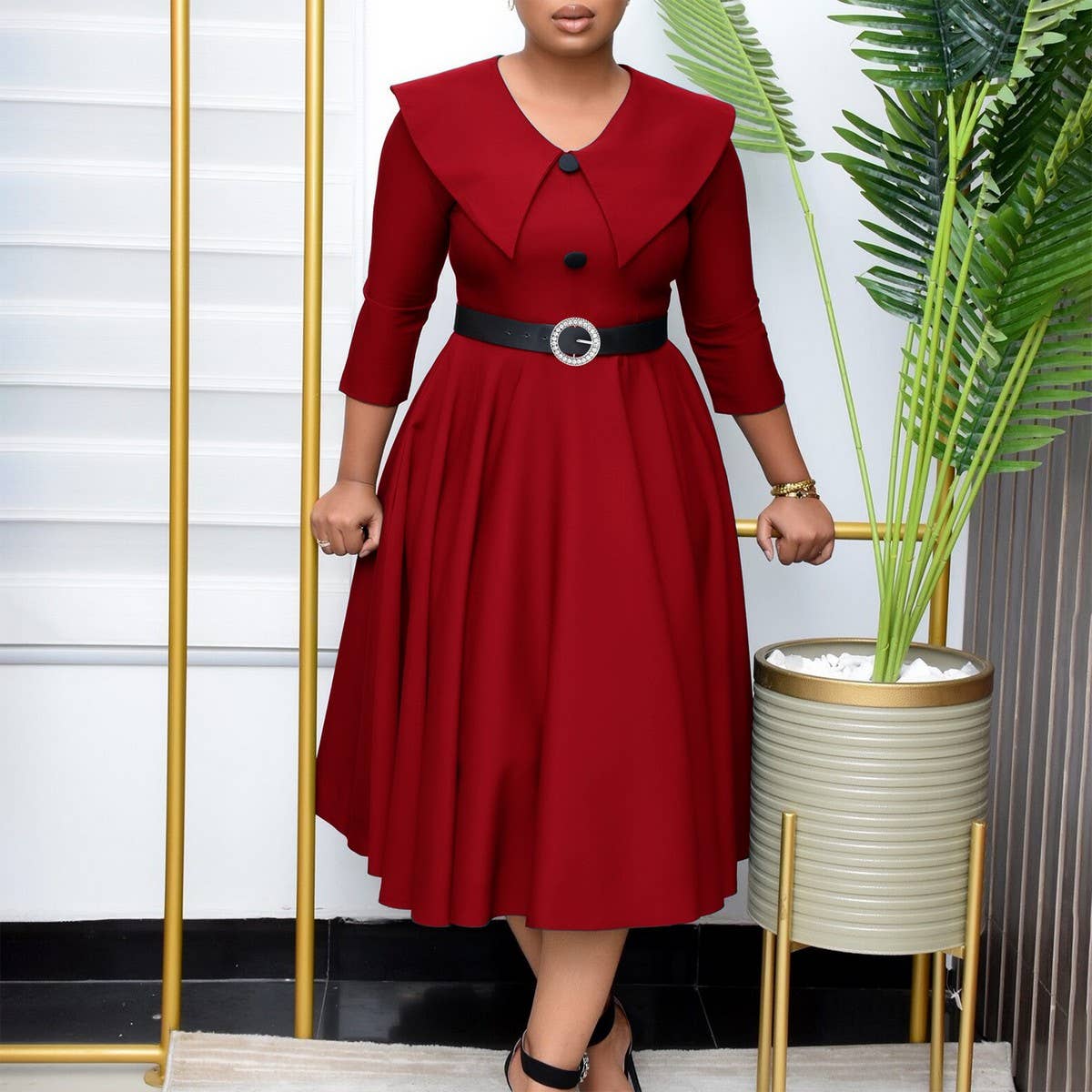 SOLID COLOR FASHIONABLE A-LINE PLUS SIZE DRESS_CWDMD3670