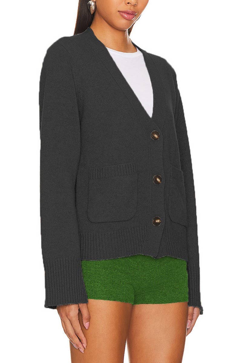 CWOCAL1611_SOLID COLOR V-NECK KNITTED CARDIGAN COATS