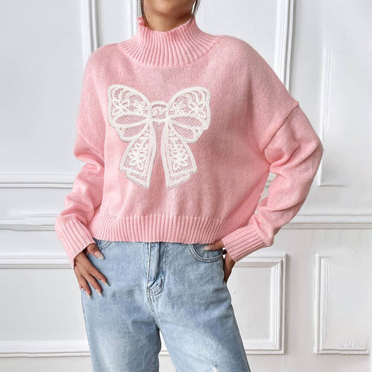 EMBROIDERED BOW PATCHWORK TURTLENECK SWEATER