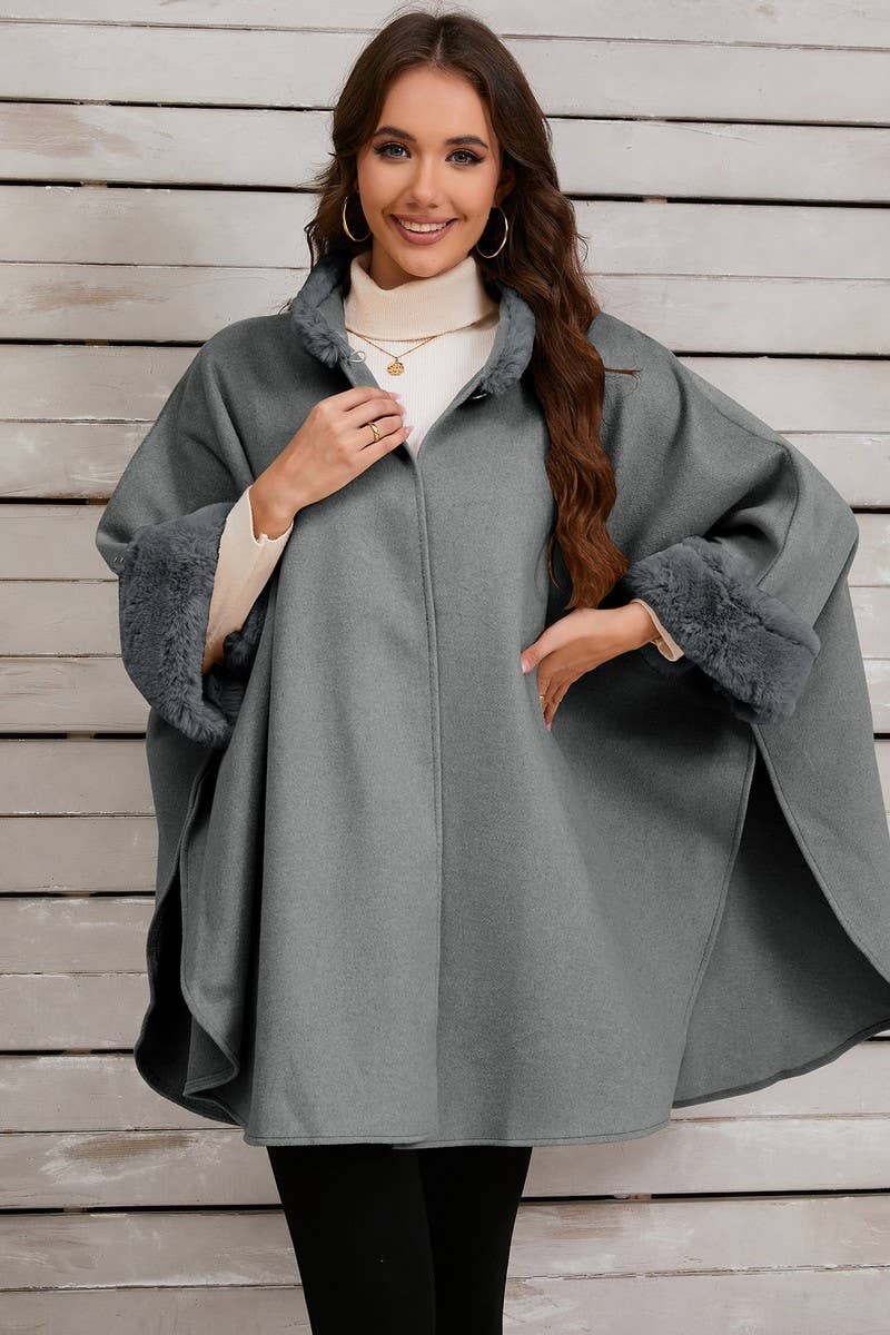 CWOCO0950_SOLID COLOR FUR COLLAR CAPE COAT