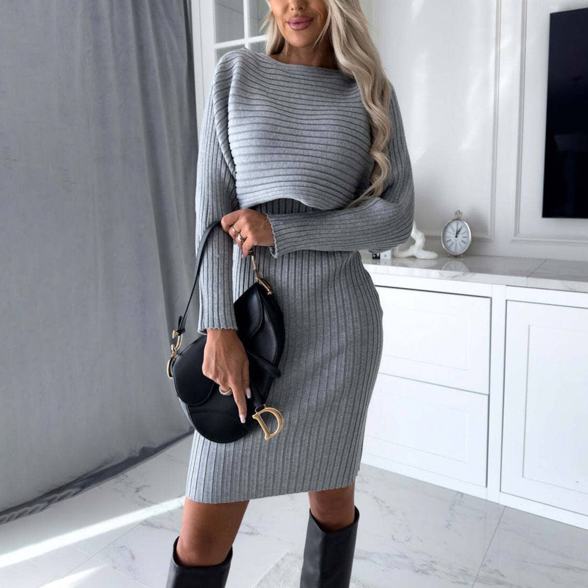 PIT STRIP LONG SLEEVE TOP SLIP SKIRT TWO-PIECE SET