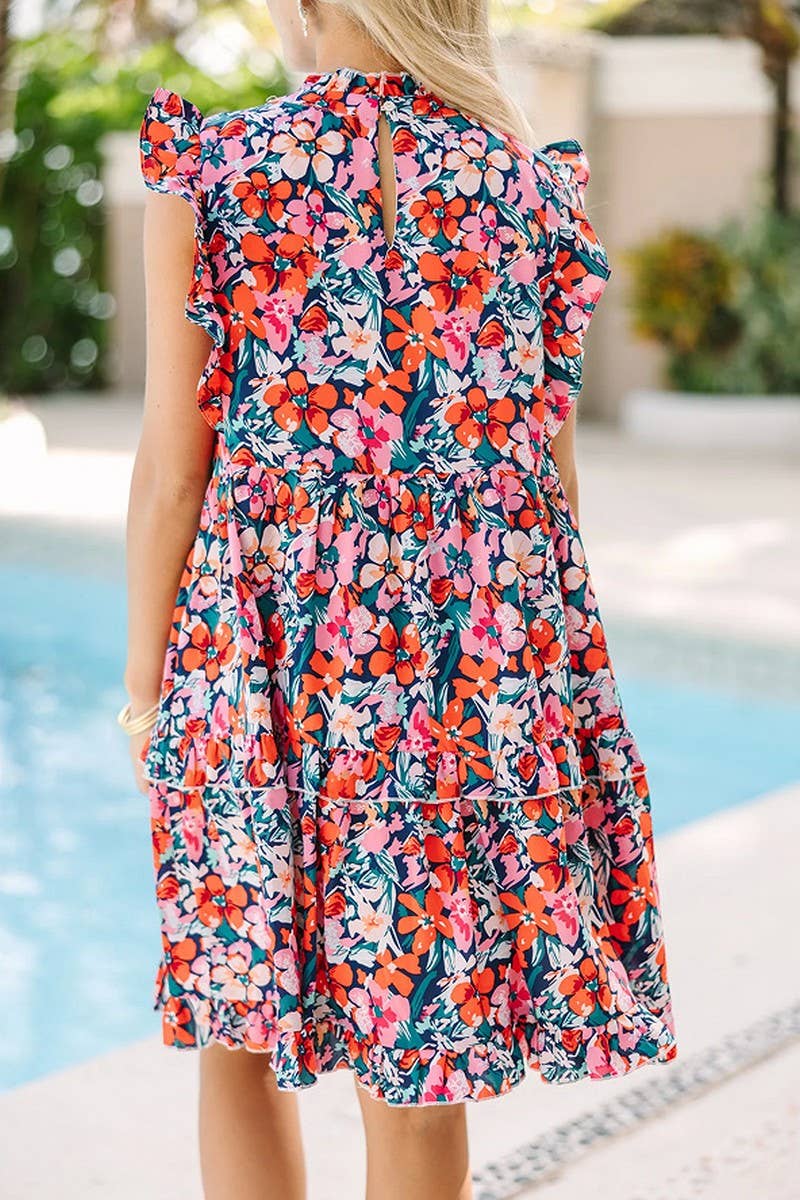 CWDSD6591_PRINTED FUNGUS COLLAR RUFFLE CAKE DRESS