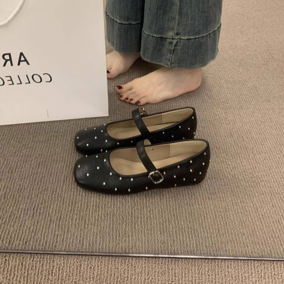 Red Studded Mary Janes with Hidden Wedge_CWSHF0133