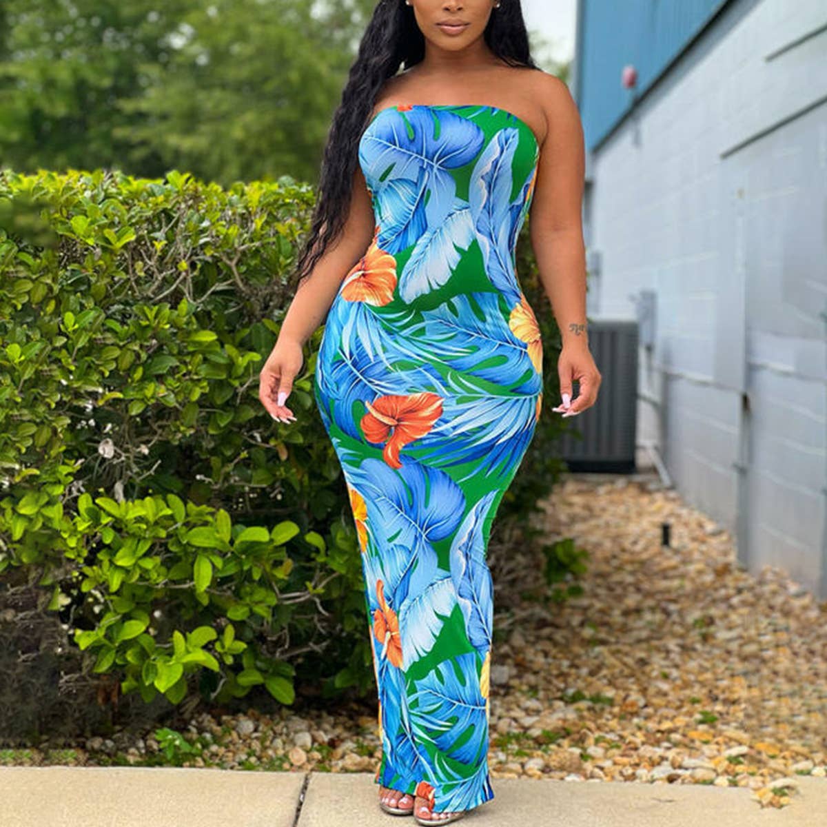 Sexy fashion print split breast wrap dress