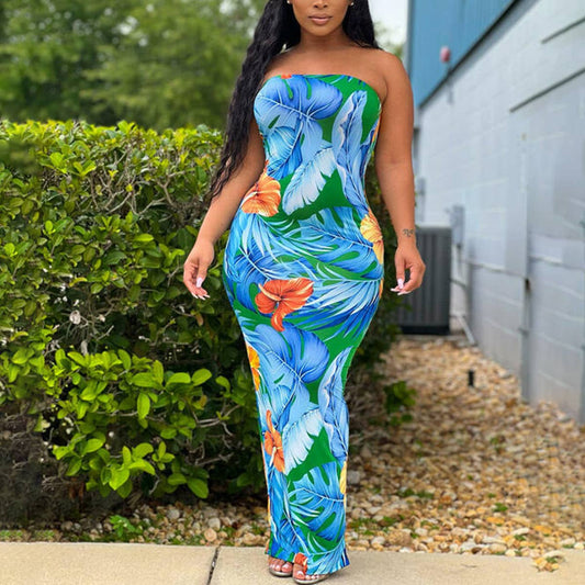 Sexy fashion print split breast wrap dress