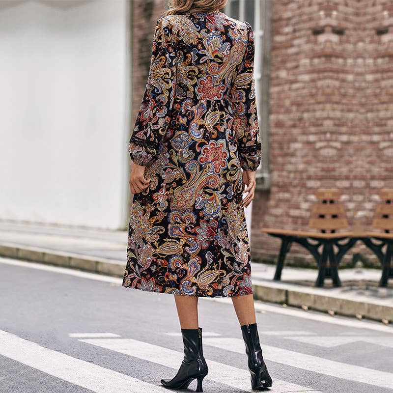 LACE V-NECK LONG SLEEVE PRINT SLIM-FIT DRESS