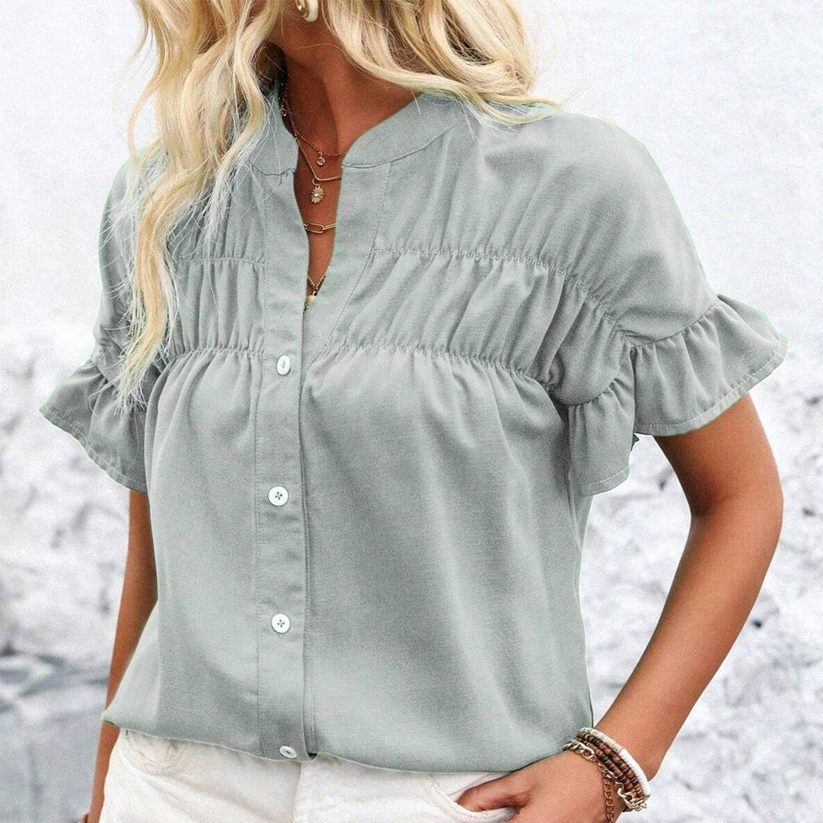 Solid color cotton linen stand-up collar shirt