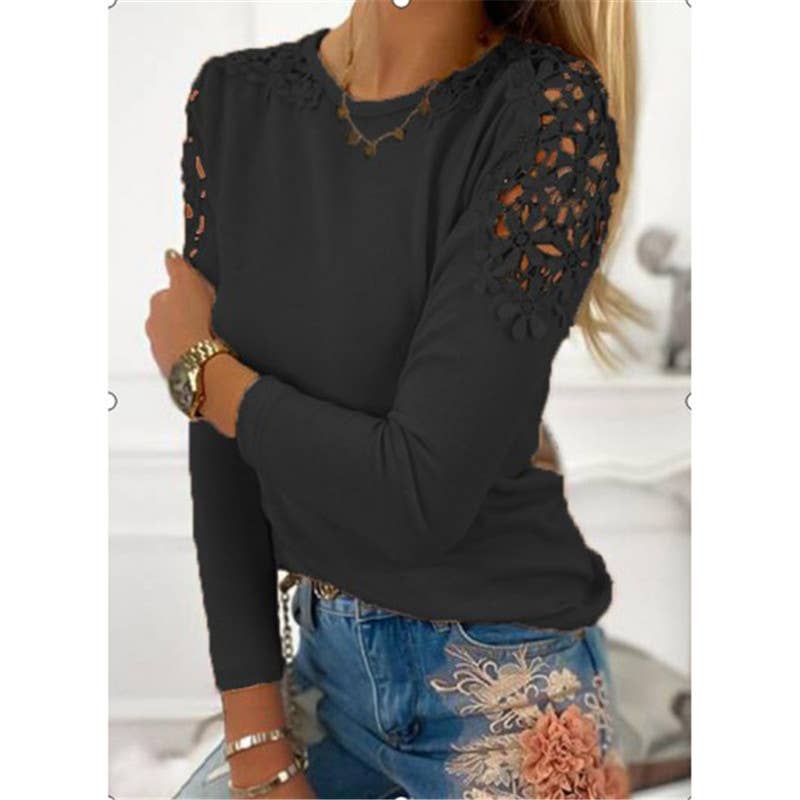 SOLID COLOR SLIM LACE HOLLOW-OUT LONG SLEEVE TOP