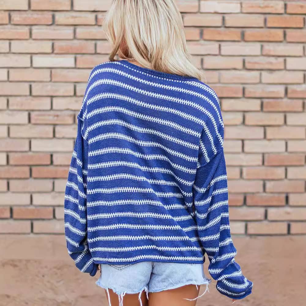 Stylish striped matching shoulder sweater lady