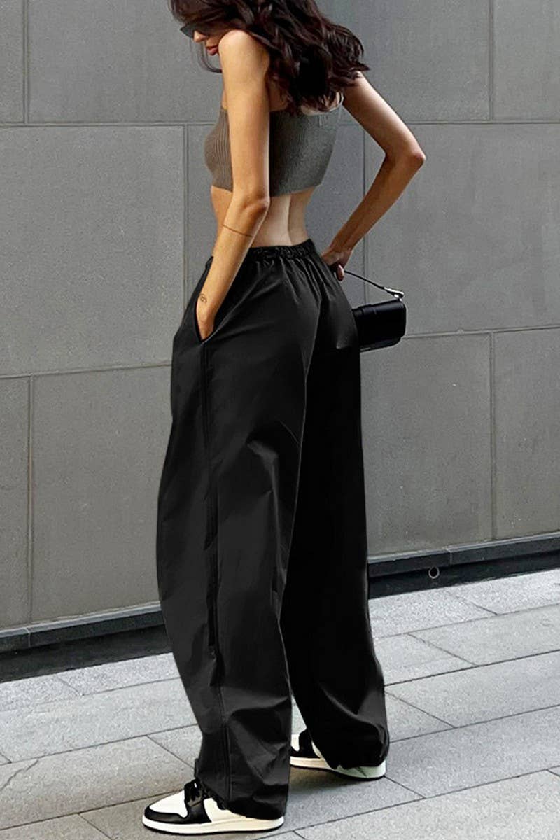 CWBLP1711_SOLID COLOR DRAWSTRING WAIST CASUAL PANTS