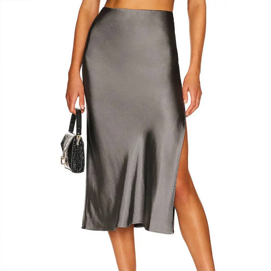SATIN ELASTIC HIGH WAISTED SOLID SPLIT SKIRT