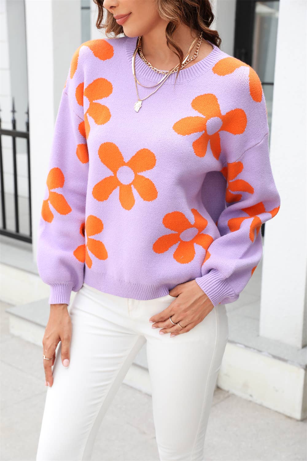 Women's printed sweater pullover floral sweater