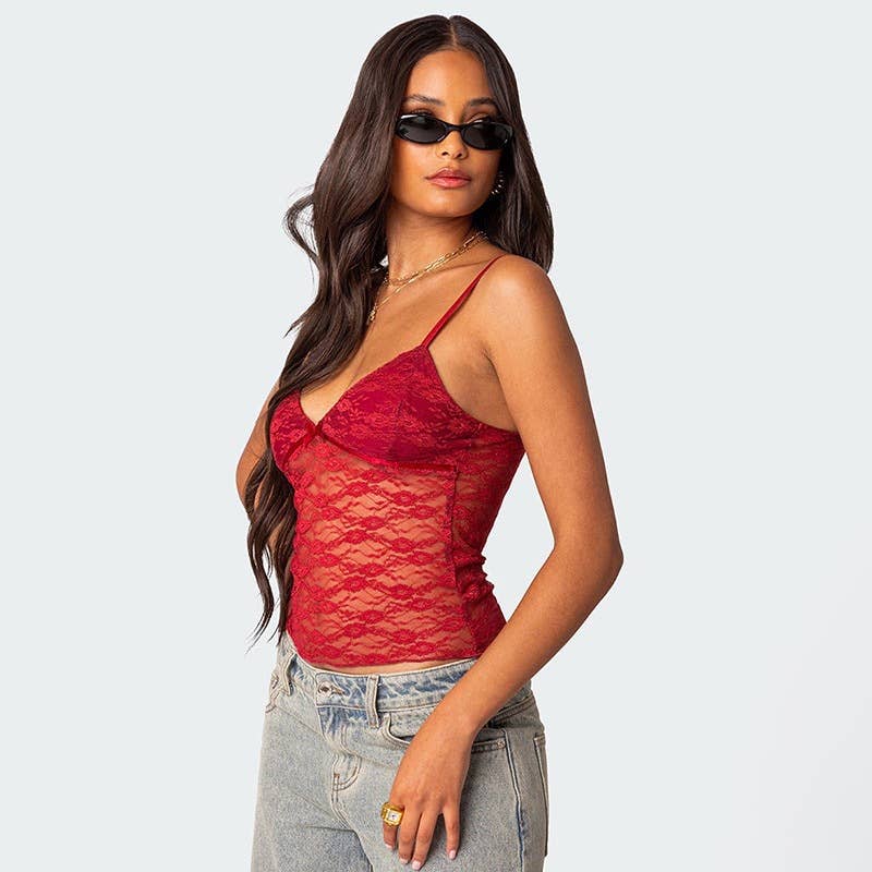 V-neck sexy lace see-through halter top