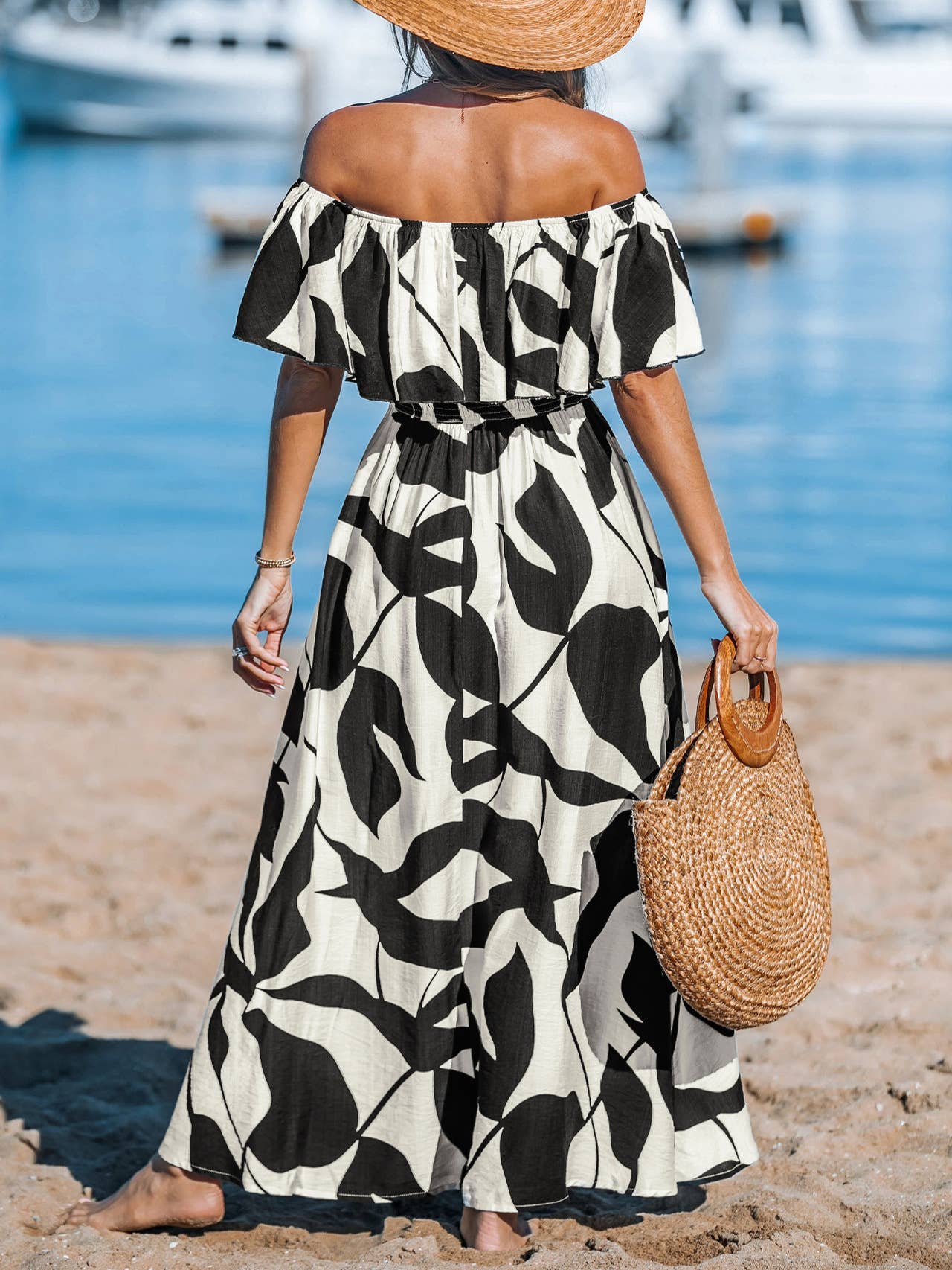 One-shoulder vacation-style leaf-printed dress